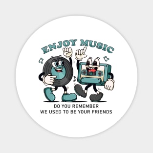 Enjoy the Music. Retro mascots of vinyl records and cassettes that dance to music Magnet
